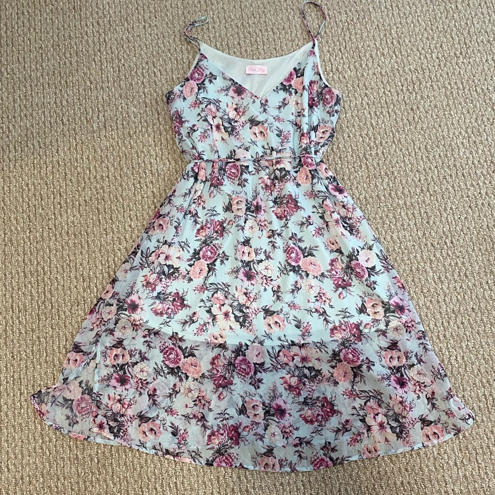 Pink Lily Mint & Floral Slip Dress Size Small with tie waist spaghetti strap EUC